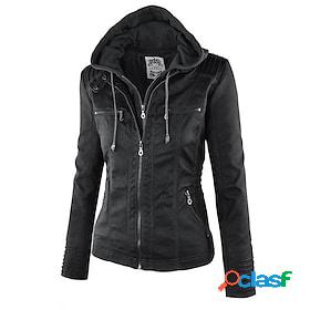 Womens Faux Leather Jacket Hoodie Jacket Basic Casual Casual