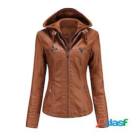 Womens Faux Leather Jacket Hoodie Jacket Street Casual Daily