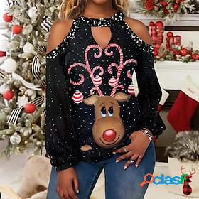 Womens Shirt Black Cut Out Print Deer Christmas Long Sleeve