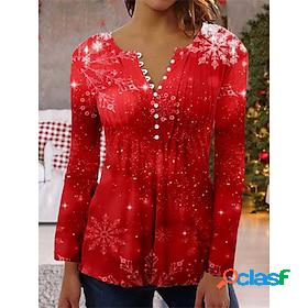 Womens Shirt Red Button Print Snowflake Christmas Casual