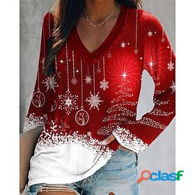 Womens Shirt Red Print Snowflake Party Christmas Long Sleeve