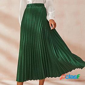 Womens Skirt Polyester Maxi Green Skirts Pleated Summer