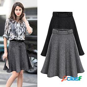 Womens Skirt Swing Woolen Knee-length Drak grey Black Skirts