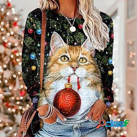 Womens T shirt Tee Black Print Cat 3D Christmas Weekend Long