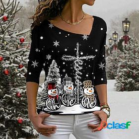 Womens T shirt Tee Black Print Snowman Christmas Tree