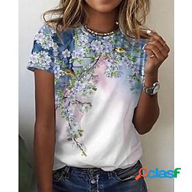 Womens T shirt Tee Green Pink White Print Floral Bird Casual