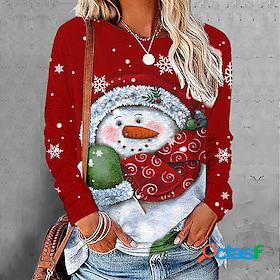 Womens T shirt Tee Red Print Snowman Christmas Casual Long