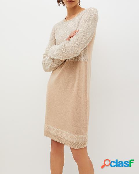 Abito midi beige in maglia di misto lana e lurex con