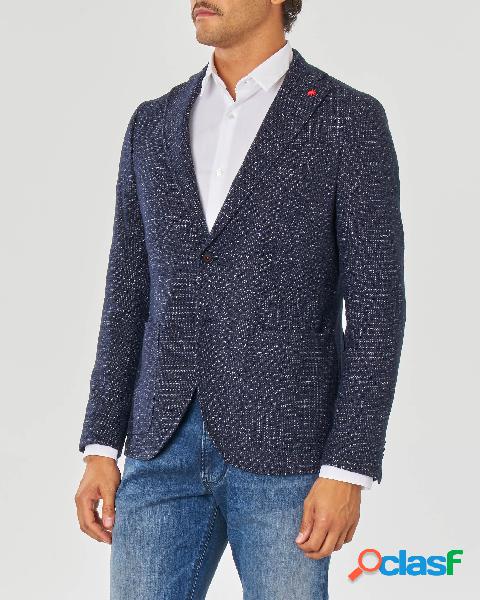 Blazer blu principe di Galles soffuso in misto cotone e lana