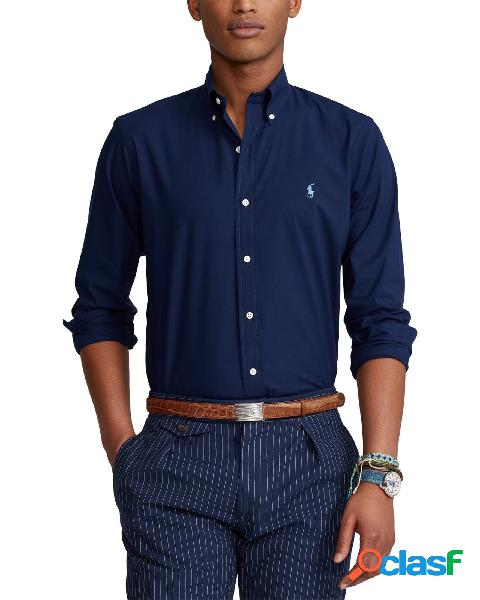 Camicia slim blu in popeline di cotone stretch con colletto