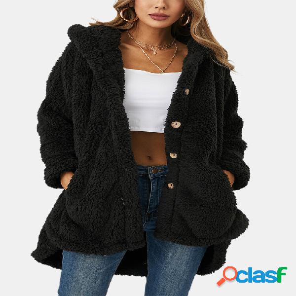 Cappotto casual in peluche allentato tascabile con bottoni