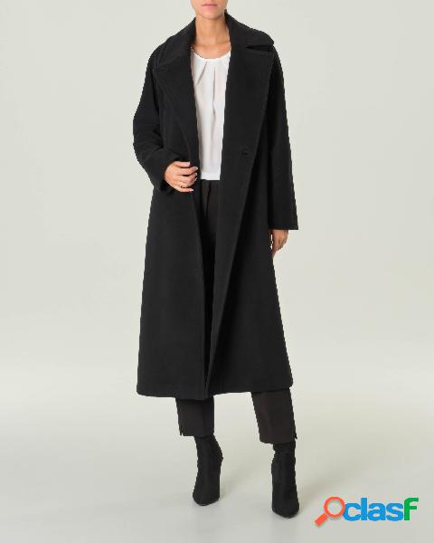 Cappotto lungo nero in lana vergine con cintura in vita
