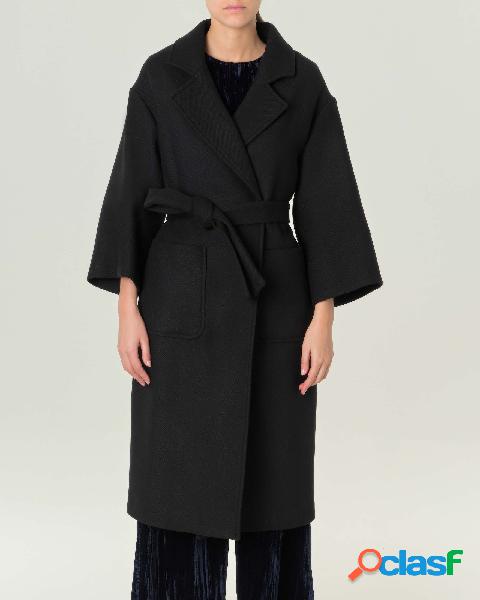 Cappotto nero a vestaglia in tessuto diagonale di misto lana