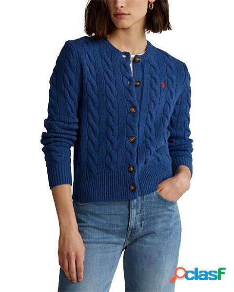 Cardigan color blu royal in cotone a trecce con logo rosso