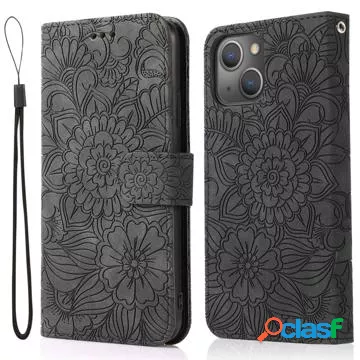 Custodia a Portafoglio Flowers per iPhone 14 Plus - Nera