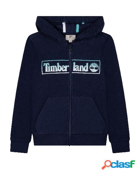 Felpa blu in piquè di cotone con cappuccio e chiusura zip