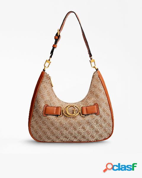 Hobo bag beige con profili in similpelle liscia color cuoio