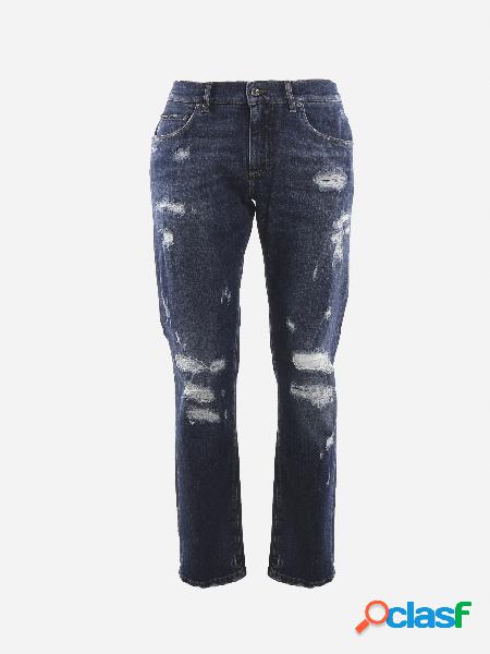 Jeans in denim stretch blu con dettaglio strappi