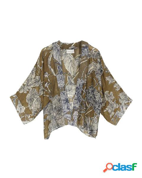 Kimono corto color khaki in misto cupro e modal a fantasia