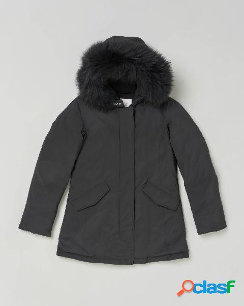 Luxury Artic Cashmere Parka nero con cappuccio e pelliccia
