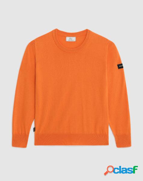 Maglia arancione girocollo in misto cotone e lana con logo