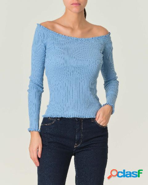 Maglia azzurra in misto cotone e seta a costine con a spalle