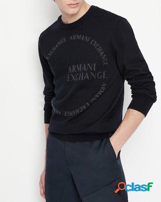 Maglia blu girocollo in cotone e cachemire con maxi logo
