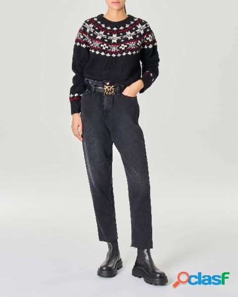 Maglia nera in misto lana e alpaca con disegni bianchi e