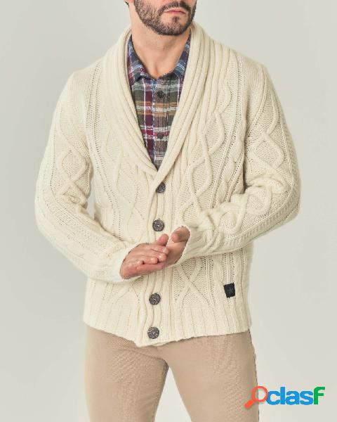 Maglione cardigan avorio in lana lavorato a trecce