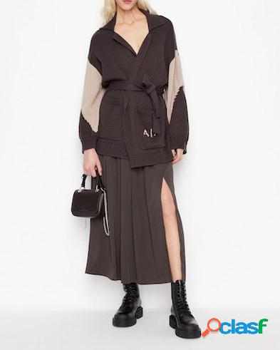 Maxi cardigan marrone in misto cotone con inserti sulle