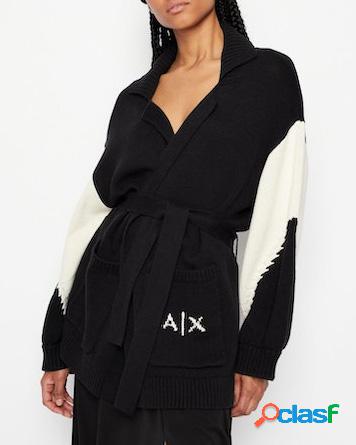 Maxi cardigan nero in misto cotone con inserti sulle maniche