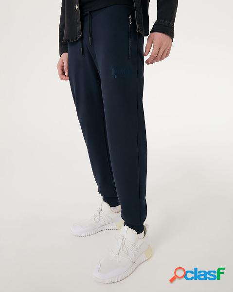 Pantalone blu in cotone interlock con logo scritta