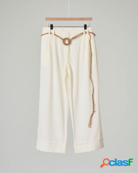 Pantaloni palazzo a vita alta bianchi con cinturina in corda