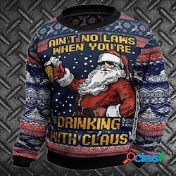 Per uomo Felpa Maglione Blu Girocollo Babbo Natale Stampe