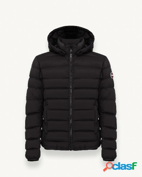 Piumino nero in nylon stretch con cappuccio removibile