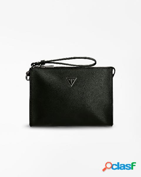 Pochette nera in similpelle saffiano con logo frontale e