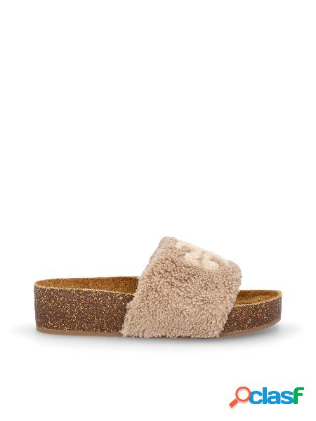 Sandalo Flatform In Shearling Con Doppia T