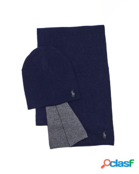 Set composto da sciarpa e berretto blu in maglia di misto