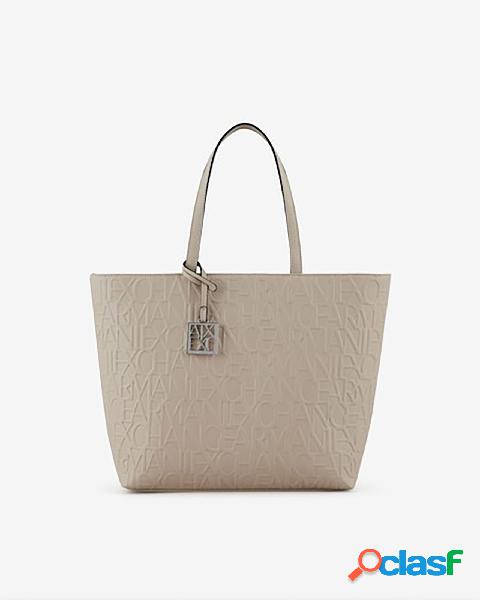 Shopping bag beige in similpelle effetto opaco con scritte