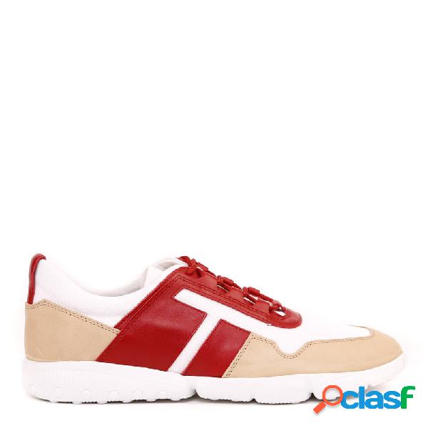 Sneakers competition rosse e beige in pelle e tessuto