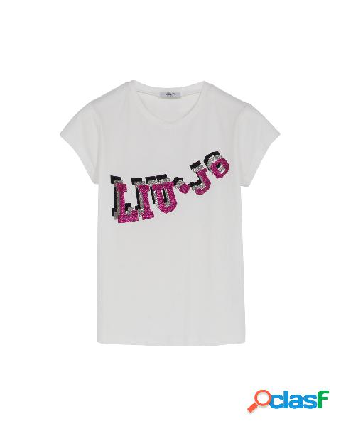 T-shirt bianca mezza manica con stampa logo 3D glitter nero