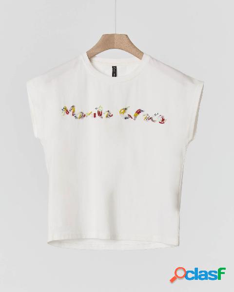 T-shirt bianca smanicata in cotone stretch con maxi logo