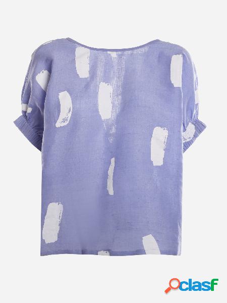 Top in misto lino con stampa a contrasto all-over