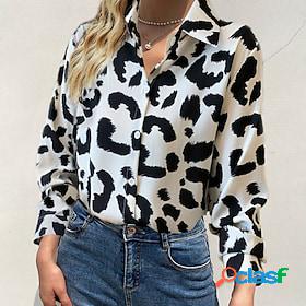 Womens Blouse Shirt Black Print Leopard Work Casual Long