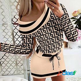 Womens Casual Dress Mini Dress Khaki Plaid Long Sleeve