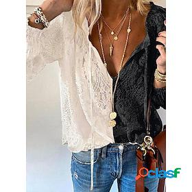 Womens Shirt Blouse Apricot Lace up Lace Color Block Casual