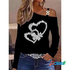 Womens Shirt Blouse Silver Denim Blue Black Rhinestone Heart