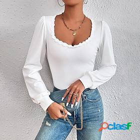 Womens Shirt Blouse White Crochet Plain Casual Long Sleeve