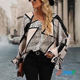 Womens Shirt Blouse khaki Print Leopard Casual Long Sleeve V