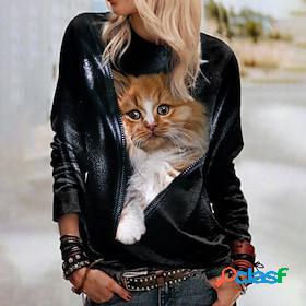 Womens Sweatshirt Pullover Basic Black Cat Street Long